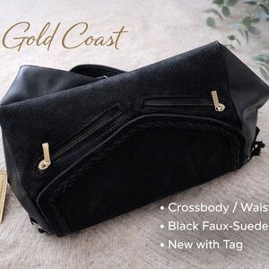 Gold Coast Black Crossbody Bag Faux Suede Leather Adjustable Strap NWT